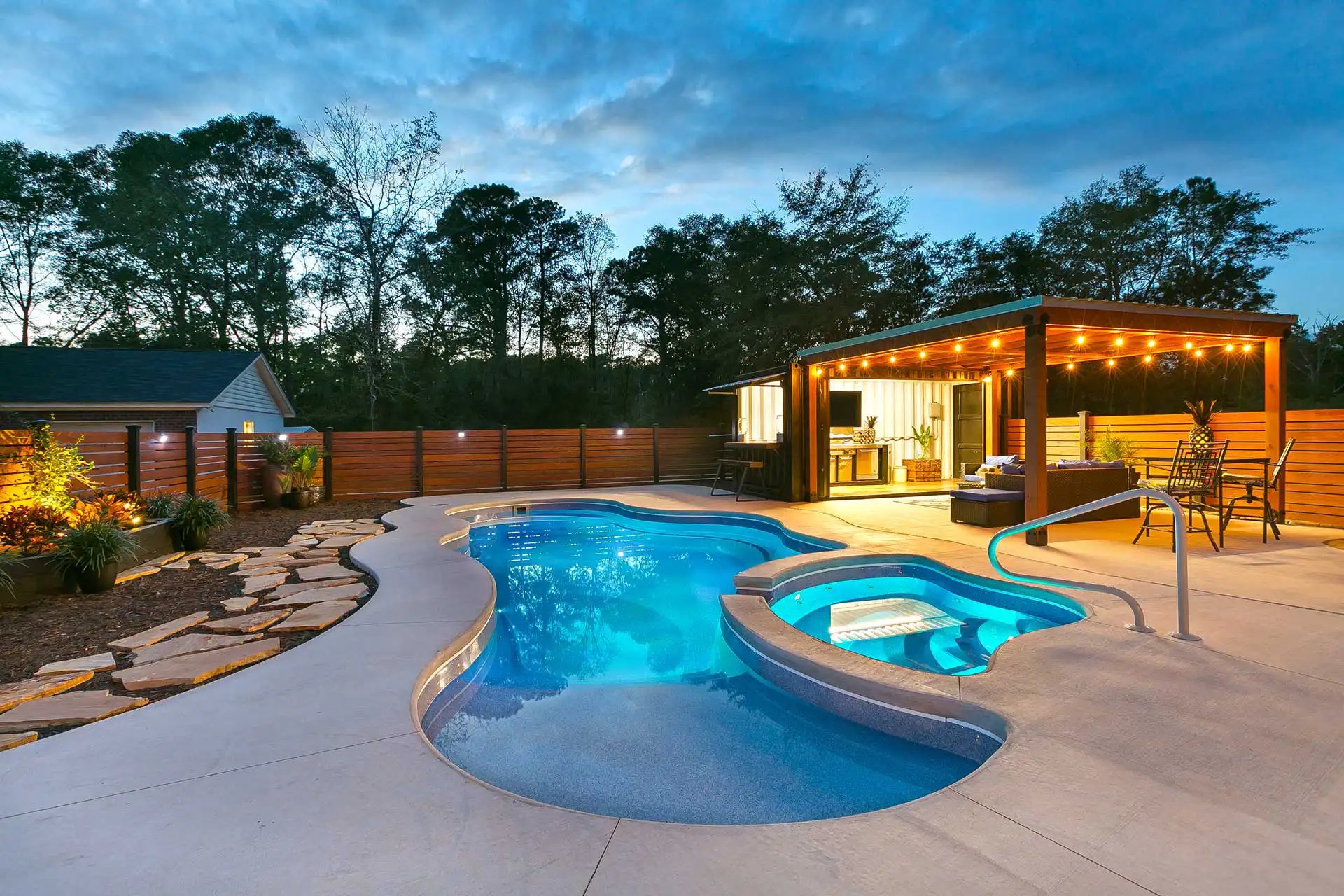 Freeform fiberglass pool and spa, Heritage Pools project