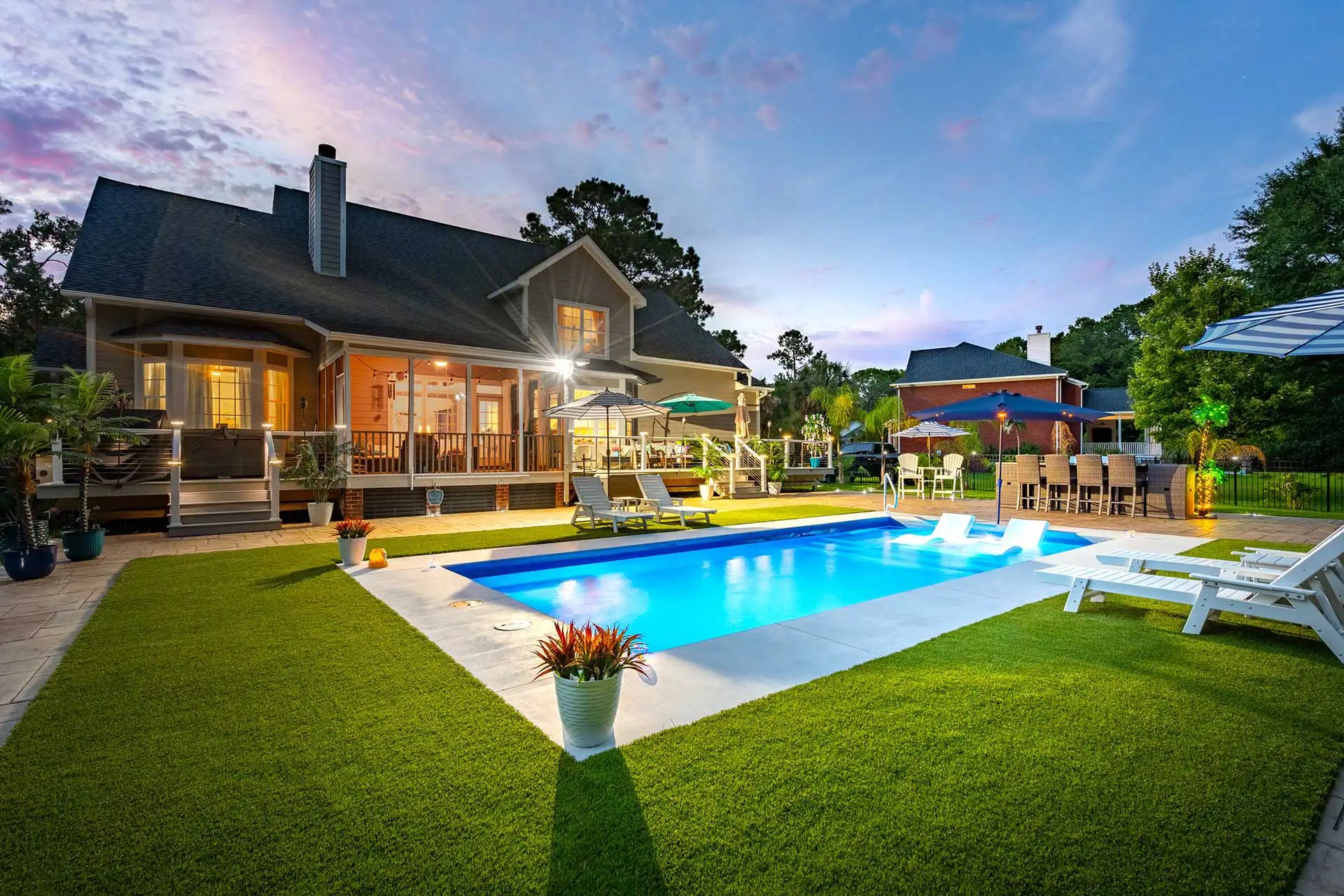 Fiberglass pool at dusk, Heritage Pools project